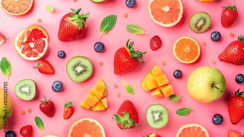 Seamless fruit pattern  vibrant colored background  glossy magazine cover style  eyelevel shot