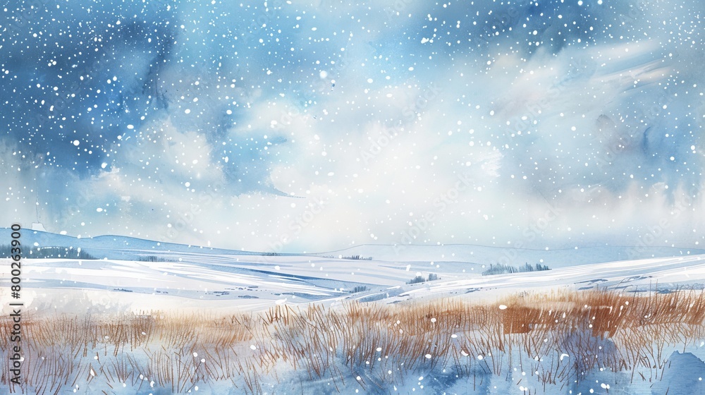 Fototapeta premium Dreamy watercolor of a snow-covered meadow under a starlit sky, providing a cool, quiet solace for those in the clinic