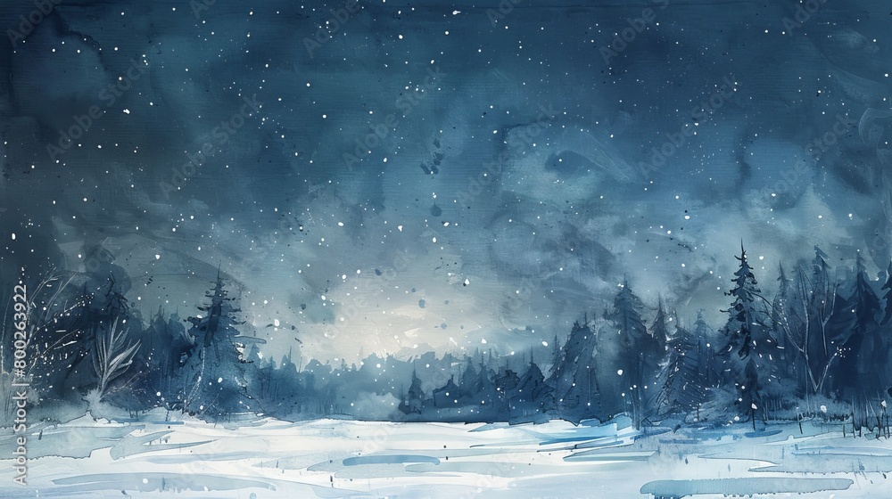 Fototapeta premium Dreamy watercolor of a snow-covered meadow under a starlit sky, providing a cool, quiet solace for those in the clinic
