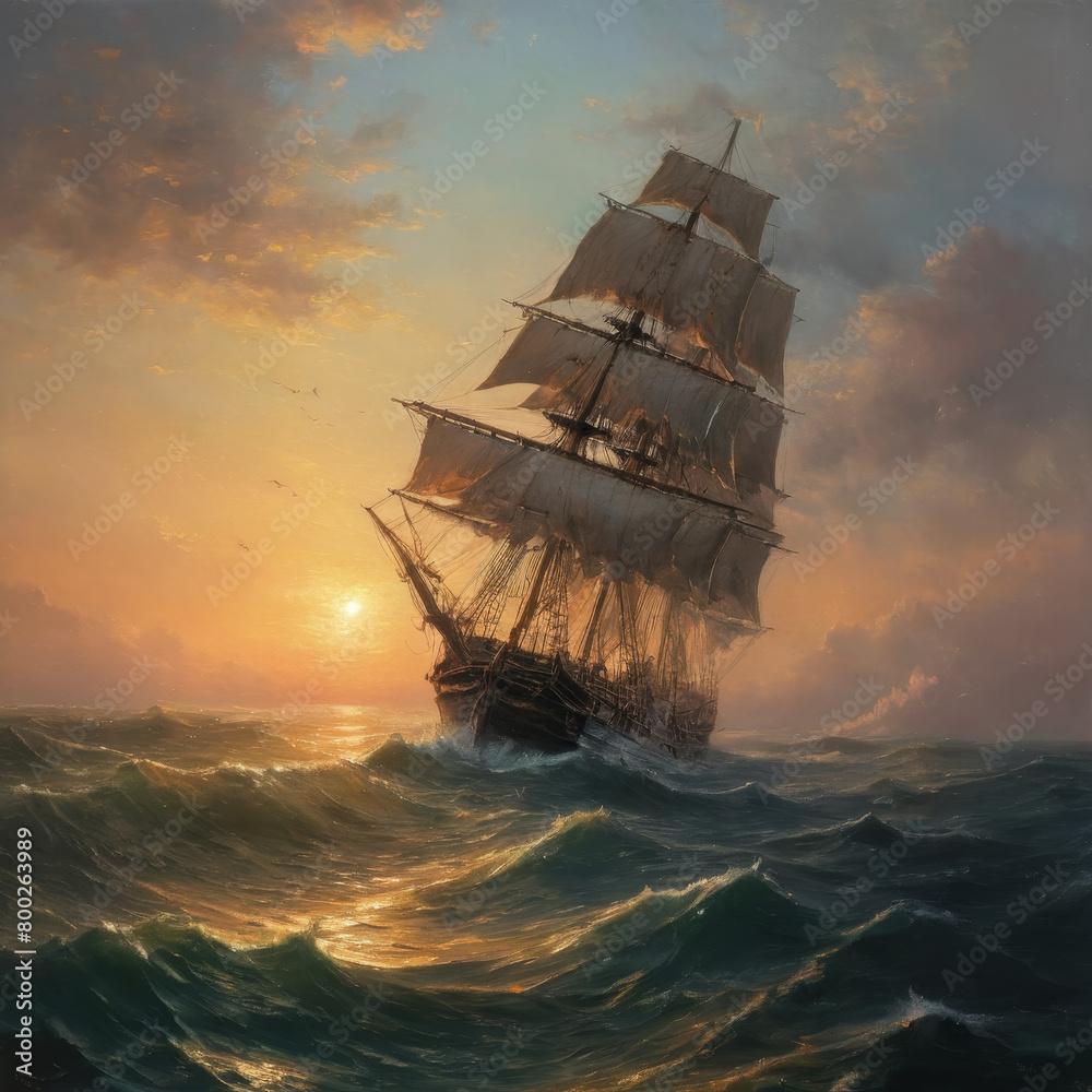 Fototapeta premium warship at sunset