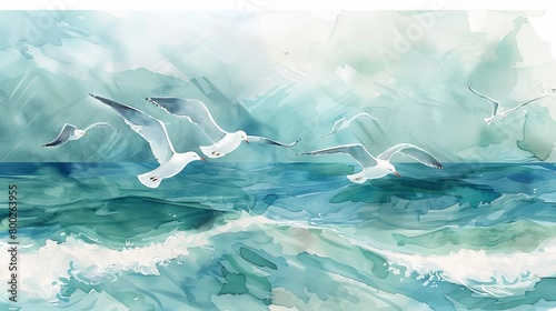Dreamy watercolor of seagulls flying over gentle waves, the simplicity of the scene emphasizing peace and freedom