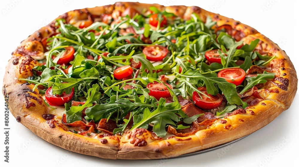 A gourmet vegan pizza topped with arugula, cherry tomatoes, and vegan cheese, shot on an isolated background to highlight the vibrant colors A gourmet vegan pizza topped with arugula, cherry tomatoes, and vegan cheese, shot on an isolated background to highlight the vibrant colors