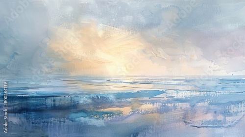 Dynamic watercolor of a panoramic view of the beach at dawn, the soft light and gentle tide creating a serene setting