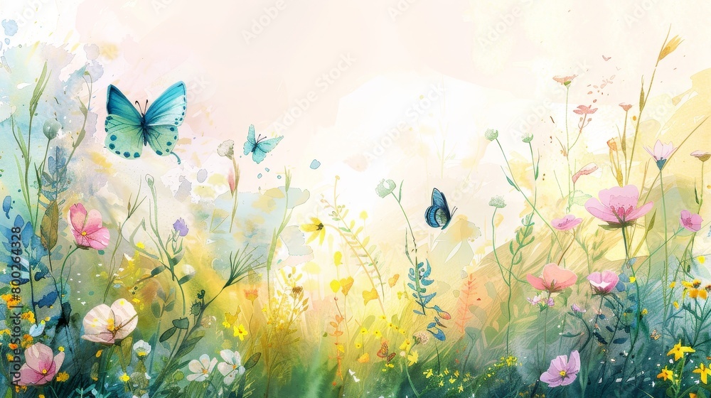 Ethereal watercolor painting of a flowering meadow with butterflies fluttering, invoking a sense of healing and rebirth in the clinic decor