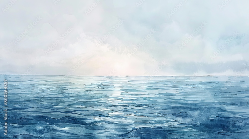 Obraz premium Ethereal watercolor seascape of a serene ocean at dusk, the sky and water merging in a palette of cool blues and soft grays