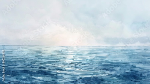 Ethereal watercolor seascape of a serene ocean at dusk, the sky and water merging in a palette of cool blues and soft grays