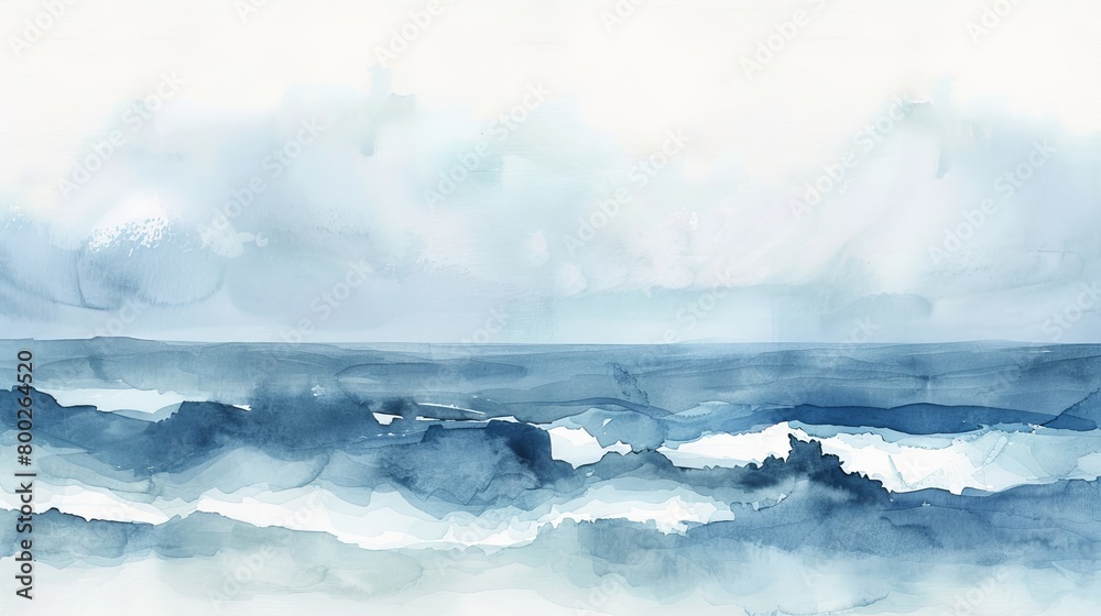Gentle watercolor depicting the ebb and flow of ocean waves on a quiet beach, hues of blue and white instilling calm
