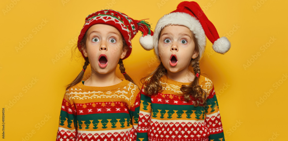 two little girl in christmas sweater and hat with hands on mouth, yellow background, banner for social media post