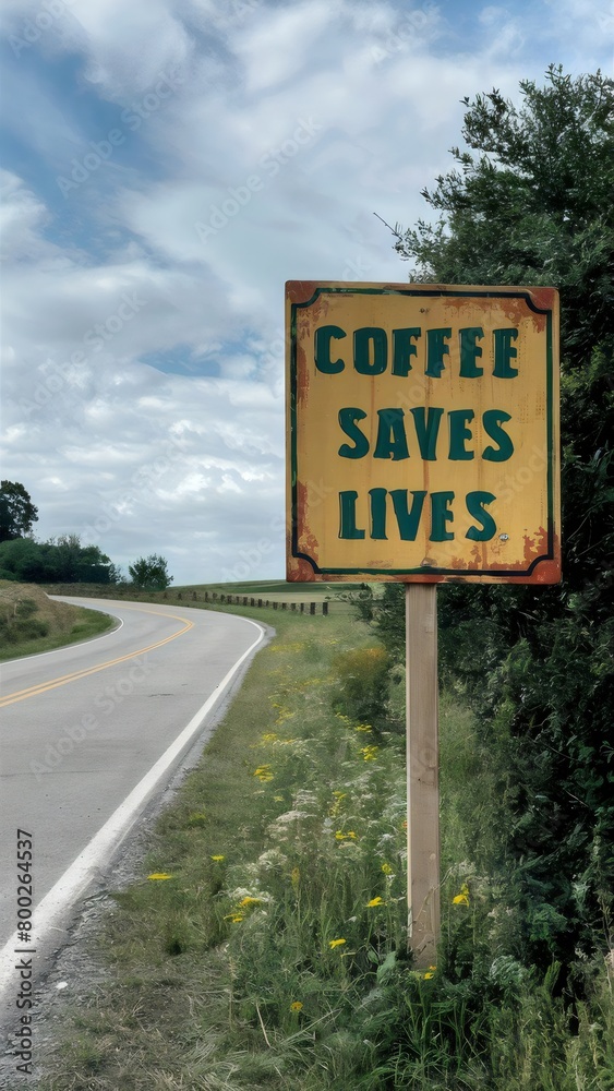 Coffee saves lives sign on the road