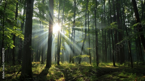 The suns rays filtering through the dense forest canopy  creating a dappled pattern of light and shadows on the ground below.