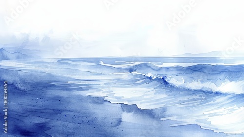 Gentle watercolor depicting the ebb and flow of ocean waves on a quiet beach, hues of blue and white instilling calm photo