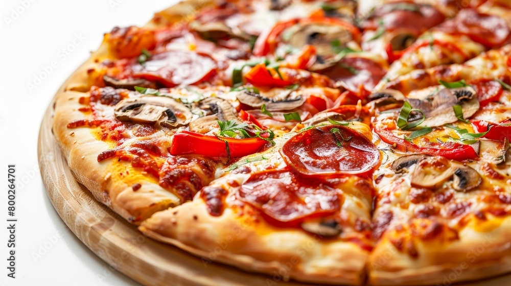 A delectable close-up of a thin crust pizza, vibrant gooey cheese and rich tomato sauce, adorned with pepperoni, mushrooms, and bell peppers, isolated on a white background, studio lighting A delectable close-up of a thin crust pizza, vibrant gooey cheese and rich tomato sauce, adorned with pepperoni, mushrooms, and bell peppers, isolated on a white background, studio lighting