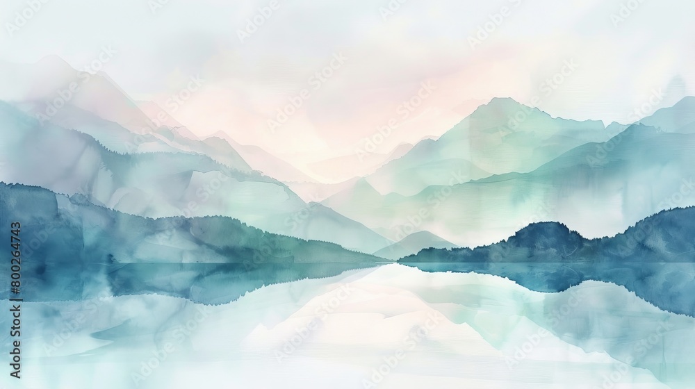 Gentle watercolor depiction of a misty mountain range under a sky of delicate morning hues, inviting tranquility and reflection Gentle watercolor depiction of a misty mountain range under a sky of delicate morning hues, inviting tranquility and reflection