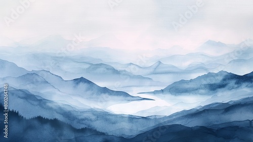 Gentle watercolor depiction of a misty mountain range under a sky of delicate morning hues, inviting tranquility and reflection