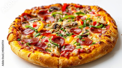 A delectable close-up of a thin crust pizza, vibrant gooey cheese and rich tomato sauce, adorned with pepperoni, mushrooms, and bell peppers, isolated on a white background, studio lighting