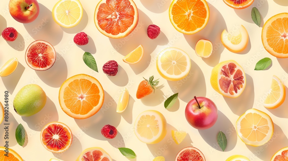 Seasonal fruits in a seamless array, soft color background, elegant magazine cover, overhead angle Seasonal fruits in a seamless array, soft color background, elegant magazine cover, overhead angle