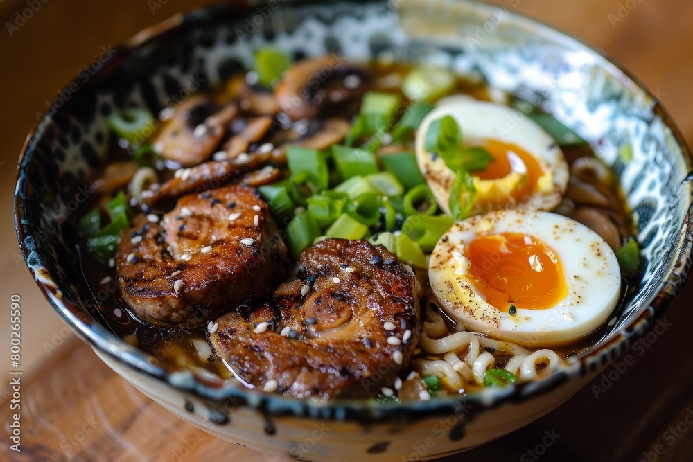 Japanese style homemade ramen with pork mushrooms and eggs Japanese style homemade ramen with pork mushrooms and eggs