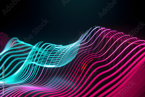 Futuristic neon waves with teal and magenta fluorescent lines. Abstract art on black background.
