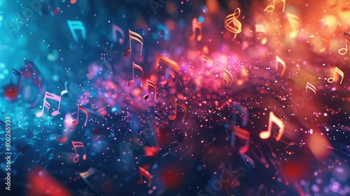 Infinite musical notes, art and music 3d rendering conceptual background, Glowing music sheets notes on beautiful lights bokeh background.
 photo