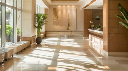 Elegant Neutral Lobby with Abundant Natural Light and Minimalist Design AI Generated