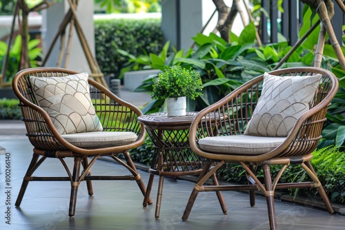 Luxurious brown rattan patio furniture with earth tone pillows and nature backdrop for leisure and relaxation