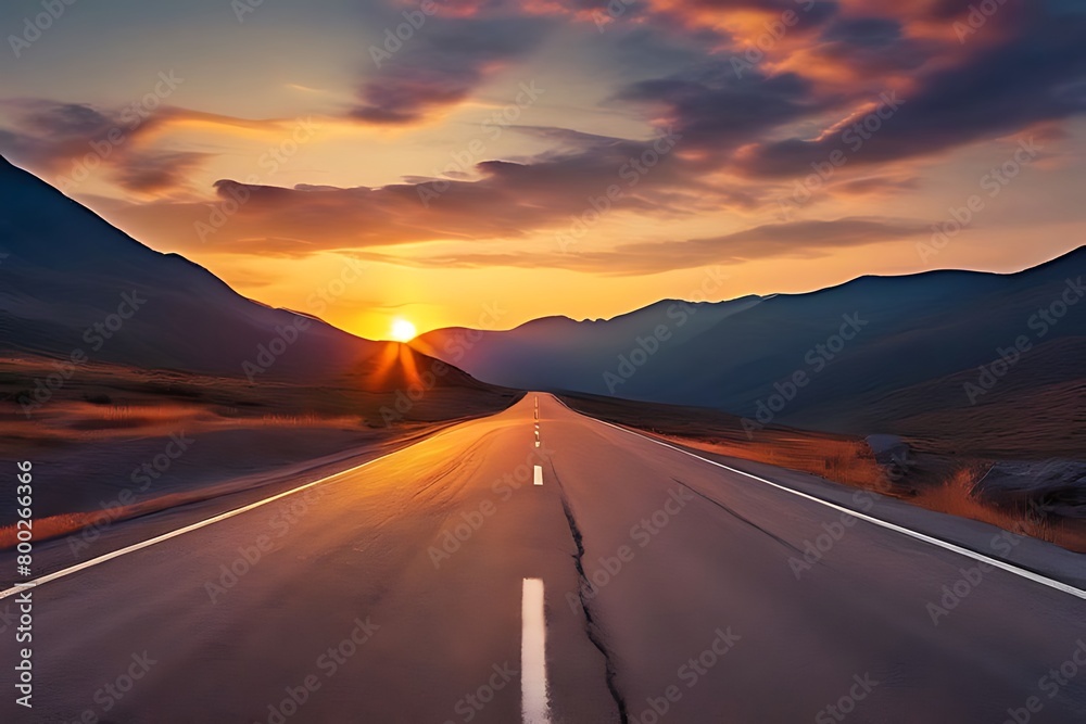 Sunset view on an open road with vibrant skies and mountainous backdrop A road with a breathtaking sunrise on the horizon.