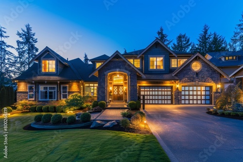 Luxury house exterior at night with garage columns gables lawn landscaping and driveway photo