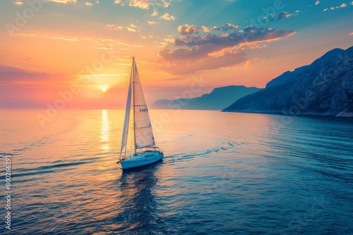 Luxury yacht sailing at sunset in the Mediterranean Sea