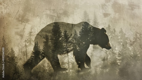 A looming bear silhouette against a misty forest its figure almost blending in with the surrounding trees..