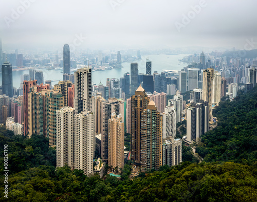 Hong Kong, Hong Kong Island, Jan 28th 2024, view of Mid-Levels Central skyscrapers from Victoria Peak, the tallest hill on the island