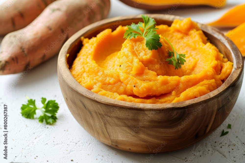 Mashed sweet potatoes in wooden bowl on white table Vegan puree Rotation Mashed sweet potatoes in wooden bowl on white table Vegan puree Rotation