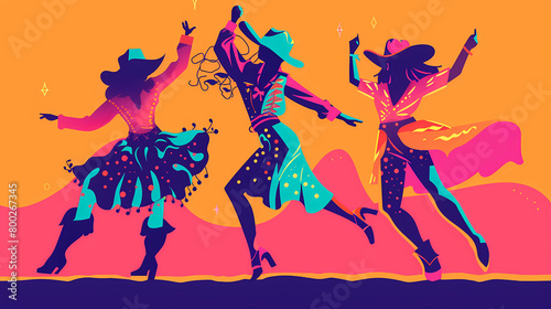 Neon, brightly colored country-western dancers