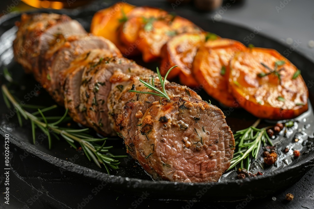 Meat served with baked sweet potatoes Meat served with baked sweet potatoes