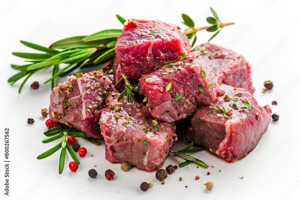 Meat stew with herbs on white background