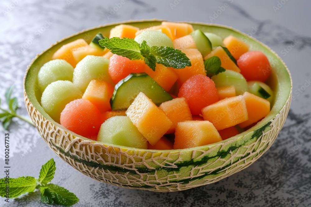 Melon and watermelon balls in a cantaloupe bowl fruit salad