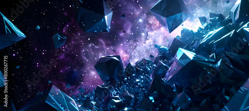 An image featuring a detailed layering of geometric shapes, specifically triangles and hexagons, in a color scheme of deep blues and purples, artistically arranged to suggest a star-filled sky photo