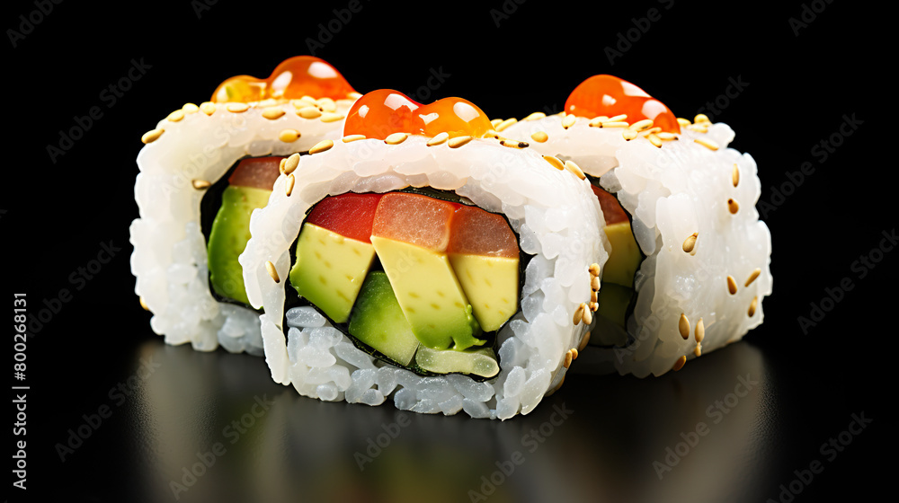 Close-up of avocado and prawn sushi isolated on a black background Close-up of avocado and prawn sushi isolated on a black background