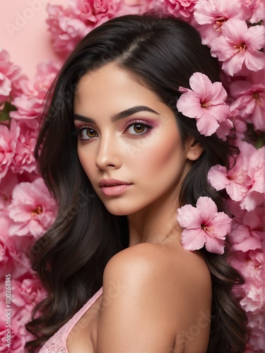 pink flowers background close-up portrait of hispanic mexican beautiful woman from Generative AI © SevenThreeSky