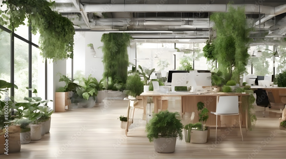 Green, sustainable and environmental office space with daily employee rush. generative.ai