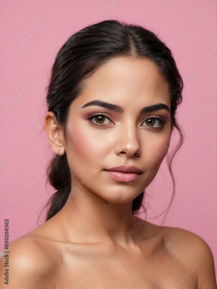 plain pink background close-up portrait of hispanic mexican beautiful woman from Generative AI