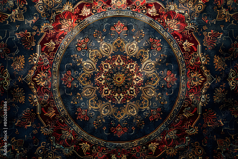 Elaborate pattern design on a Persian carpet featuring red and blue hues with floral motifs