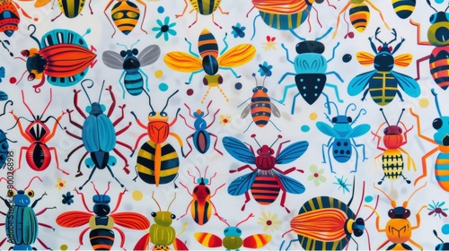 A fun and quirky fabric with a repeating pattern of cartoonlike insects perfect for a childs room decor.. photo