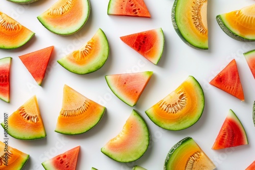 Melon slices in a seamless colorful fruit pattern on white background View from above