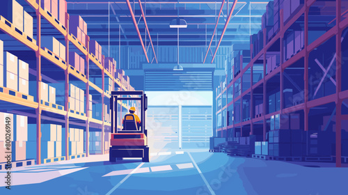Stylized illustration of the interior of a warehouse and operated by a worker wearing a hard hat, which suggests a focus on safety within the work environment