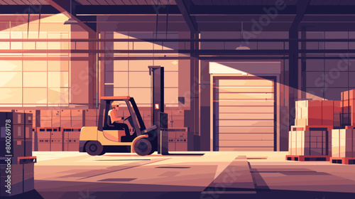 Stylized illustration of the interior of a warehouse and operated by a worker wearing a hard hat, which suggests a focus on safety within the work environment
