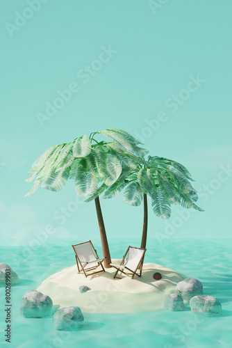 Summer tropical island with coconut palms and beach chairs in ocean. Summer travel concept. 3d render