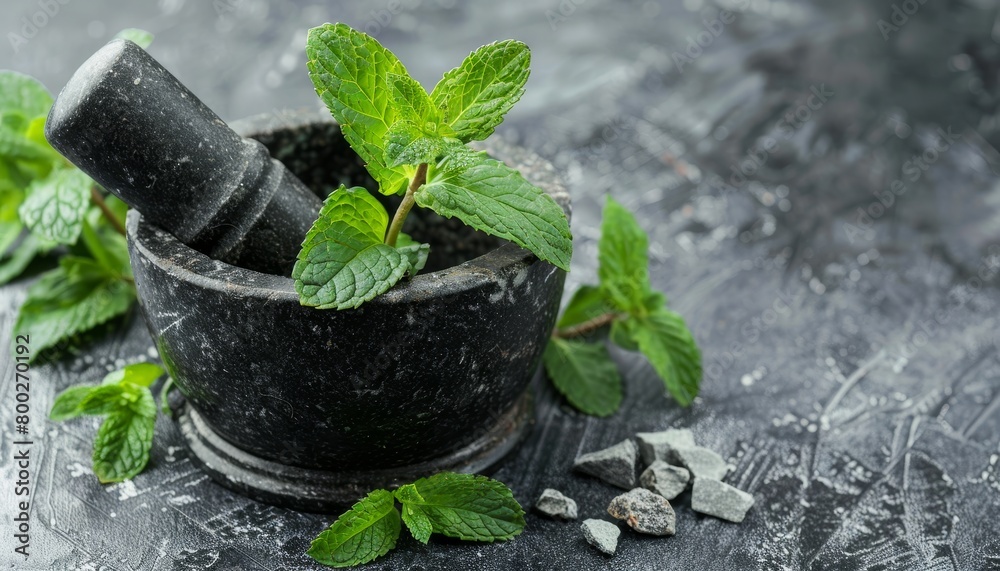 Mint leaves in mortar on wooden table Mint leaves in mortar on wooden table
