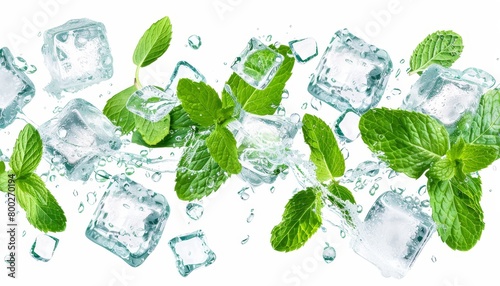 Mint leaves and ice cubes white background