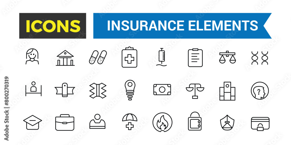 Insurance Elements Thin Line Web Icon Set, Outline Icons Collection, Icon collection. Editable vector illustration. Insurance Elements Thin Line Web Icon Set, Outline Icons Collection, Icon collection. Editable vector illustration.