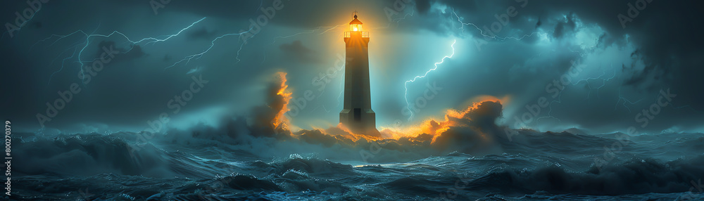 A lighthouse in a stormy sea at night.